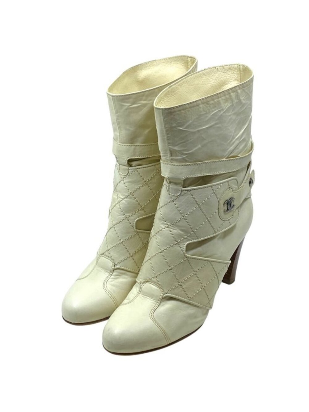 Chanel CC Logo Short Boots Quilted Leather White Shoes Casual